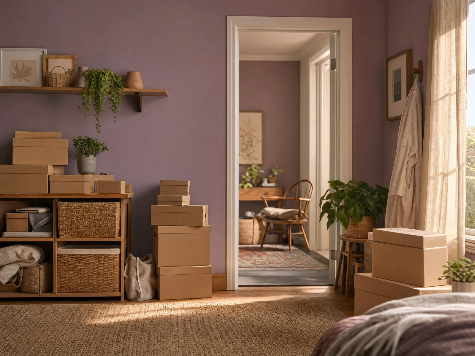 Illustration of lived-in household contents in a warm lavender interior